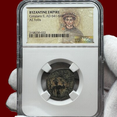 NGC Byzantine Empire Constans II, AD 641 668 AE Follis
