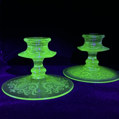 Rare Fostoria Glass Co Green Uranium Candlestick Pair Etched Versailles Scroll